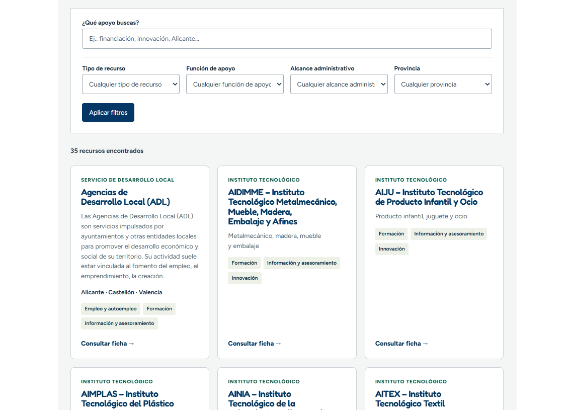 Captura del directorio de entidades y recursos de Emprende Circular CV