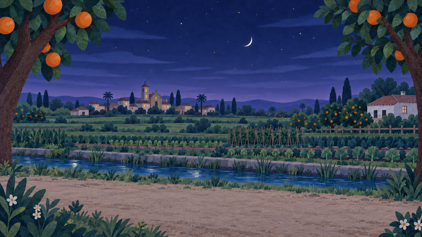 Paisaje nocturno de la huerta valenciana, escenario original de la aventura de Pip
